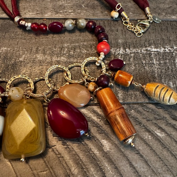 Chicos Tribal Boho Multi-Color Copal Beads Necklace Statement Goldtone Cord - Picture 8 of 11